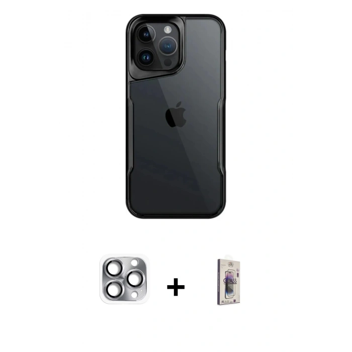 MARSİLYAN™- iPhone 16 Pro Max Kılıf Akış Çizgi Koleksiyonu - Siyah Bilvis 3D Cam Ekran Koruyucu + Pers Alüminyum Kamera Lens - GI