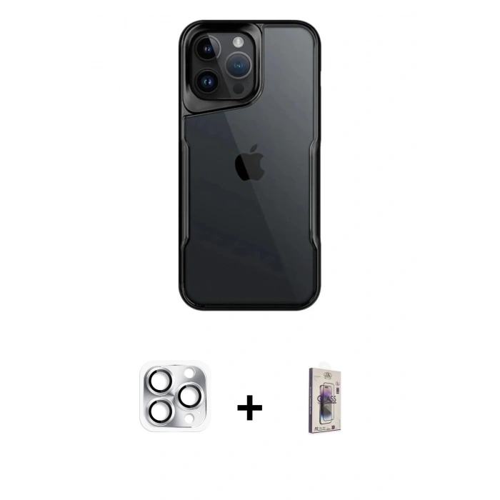 MARSİLYAN™- iPhone 16 Pro Max Kılıf Akış Çizgi Koleksiyonu - Siyah Bilvis 3D Cam Ekran Koruyucu + Pers Alüminyum Kamera Lens - GS