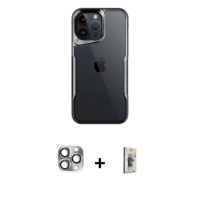 MARSİLYAN™- iPhone 16 Pro Max Kılıf Akış Çizgi Koleksiyonu - Siyah Bilvis 3D Cam Ekran Koruyucu + Pers Alüminyum Kamera Lens - GI
