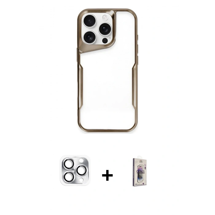 MARSİLYAN™- iPhone 16 Pro Max Kılıf Akış Çizgi Koleksiyonu - Siyah Bilvis 3D Cam Ekran Koruyucu + Pers Alüminyum Kamera Lens - GS