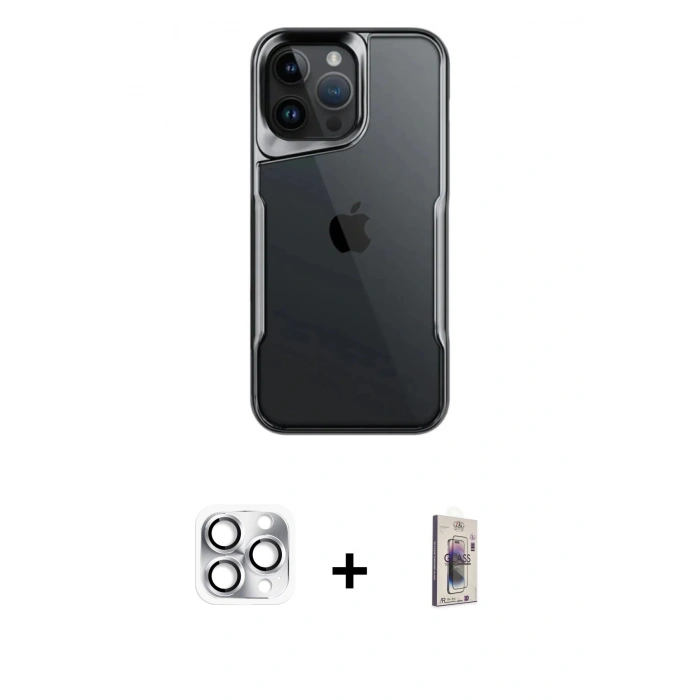 MARSİLYAN™- iPhone 16 Pro Max Kılıf Akış Çizgi Koleksiyonu - Siyah Bilvis 3D Cam Ekran Koruyucu + Pers Alüminyum Kamera Lens - GS