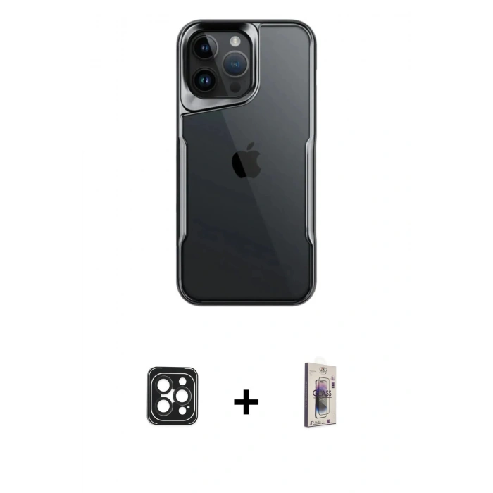 MARSİLYAN™- iPhone 16 Pro Max Kılıf Akış Çizgi Koleksiyonu - Siyah Bilvis 3D Cam Ekran Koruyucu + PVD Metal Kamera Lens - SH