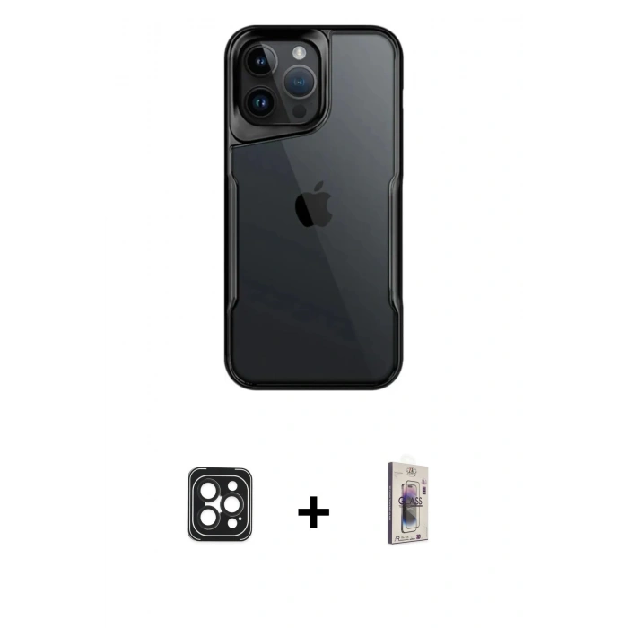 MARSİLYAN™- iPhone 16 Pro Max Kılıf Akış Çizgi Koleksiyonu - Siyah Bilvis 3D Cam Ekran Koruyucu + PVD Metal Kamera Lens - SH