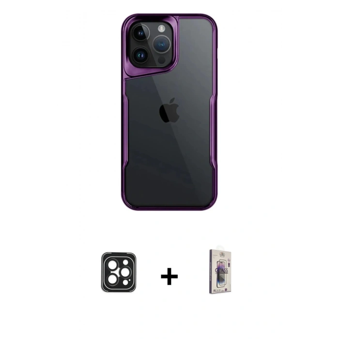 MARSİLYAN™- iPhone 16 Pro Max Kılıf Akış Çizgi Koleksiyonu - Siyah Bilvis 3D Cam Ekran Koruyucu + PVD Metal Kamera Lens - SH