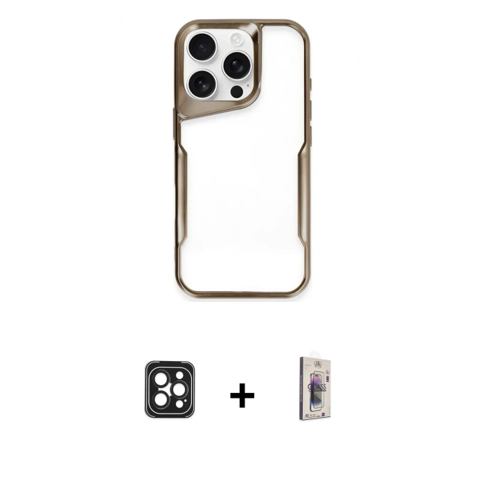 MARSİLYAN™- iPhone 16 Pro Max Kılıf Akış Çizgi Koleksiyonu - Siyah Bilvis 3D Cam Ekran Koruyucu + PVD Metal Kamera Lens - SH