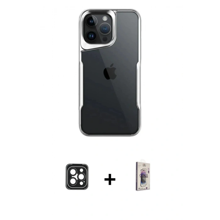 MARSİLYAN™- iPhone 16 Pro Max Kılıf Akış Çizgi Koleksiyonu - Siyah Bilvis 3D Cam Ekran Koruyucu + PVD Metal Kamera Lens - SH
