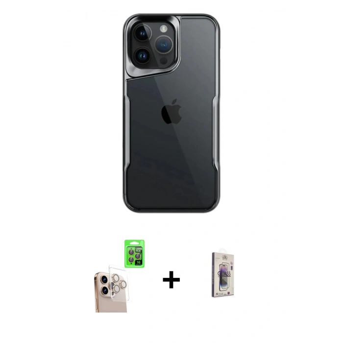 MARSİLYAN™- iPhone 16 Pro Max Kılıf Akış Çizgi Koleksiyonu - Siyah Bilvis 3D Cam Ekran Koruyucu + Raze Metal Kamera Lens - NLGY