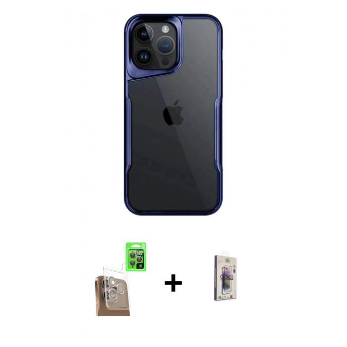 MARSİLYAN™- iPhone 16 Pro Max Kılıf Akış Çizgi Koleksiyonu - Siyah Bilvis 3D Cam Ekran Koruyucu + Raze Metal Kamera Lens - CLTM