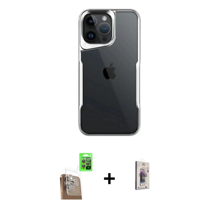 MARSİLYAN™- iPhone 16 Pro Max Kılıf Akış Çizgi Koleksiyonu - Siyah Bilvis 3D Cam Ekran Koruyucu + Raze Metal Kamera Lens - CLTM