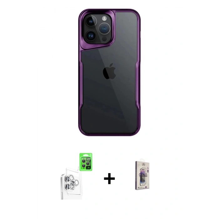 MARSİLYAN™- iPhone 16 Pro Max Kılıf Akış Çizgi Koleksiyonu - Siyah Bilvis 3D Cam Ekran Koruyucu + Raze Metal Kamera Lens - BZ