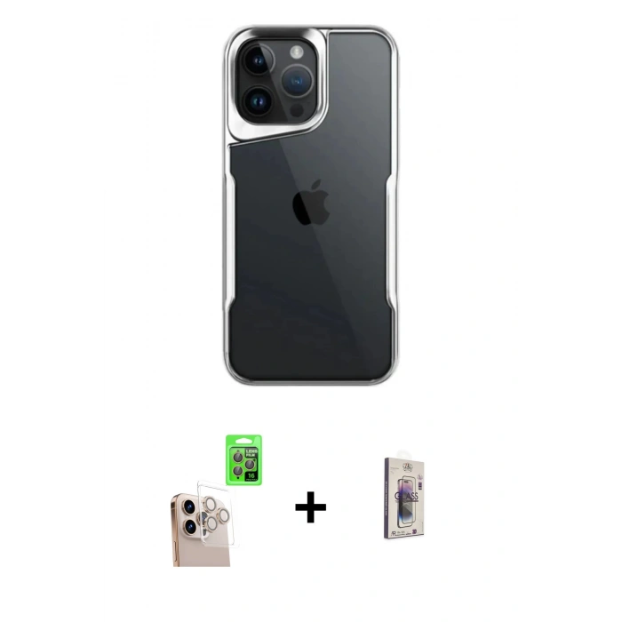 MARSİLYAN™- iPhone 16 Pro Max Kılıf Akış Çizgi Koleksiyonu - Siyah Bilvis 3D Cam Ekran Koruyucu + Raze Metal Kamera Lens - NLGY