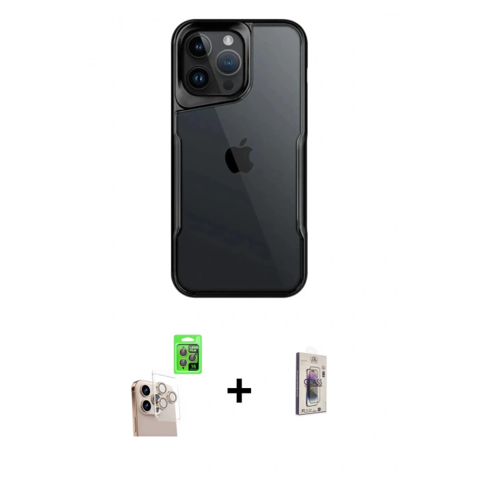 MARSİLYAN™- iPhone 16 Pro Max Kılıf Akış Çizgi Koleksiyonu - Siyah Bilvis 3D Cam Ekran Koruyucu + Raze Metal Kamera Lens - NLGY