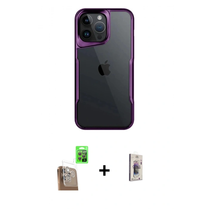 MARSİLYAN™- iPhone 16 Pro Max Kılıf Akış Çizgi Koleksiyonu - Siyah Bilvis 3D Cam Ekran Koruyucu + Raze Metal Kamera Lens - CLTM