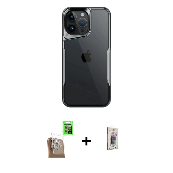 MARSİLYAN™- iPhone 16 Pro Max Kılıf Akış Çizgi Koleksiyonu - Siyah Bilvis 3D Cam Ekran Koruyucu + Raze Metal Kamera Lens - CLTM