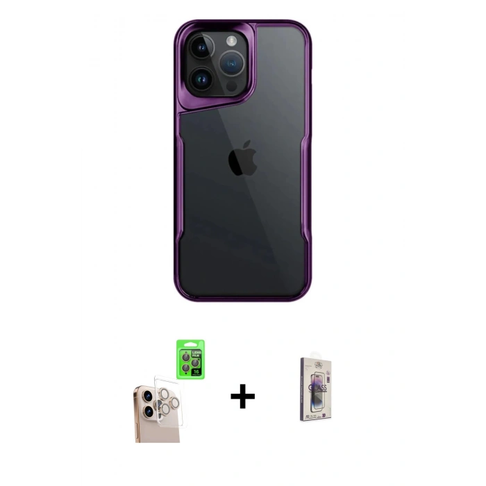 MARSİLYAN™- iPhone 16 Pro Max Kılıf Akış Çizgi Koleksiyonu - Siyah Bilvis 3D Cam Ekran Koruyucu + Raze Metal Kamera Lens - NLGY