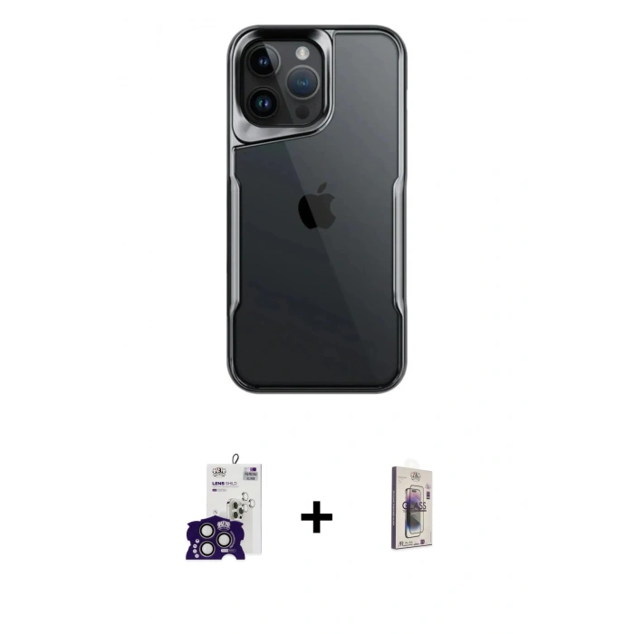 MARSİLYAN™- iPhone 16 Pro Max Kılıf Akış Çizgi Koleksiyonu - Siyah Bilvis 3D Cam Ekran Koruyucu + Bilvis Titan Kamera Lens - TMGI