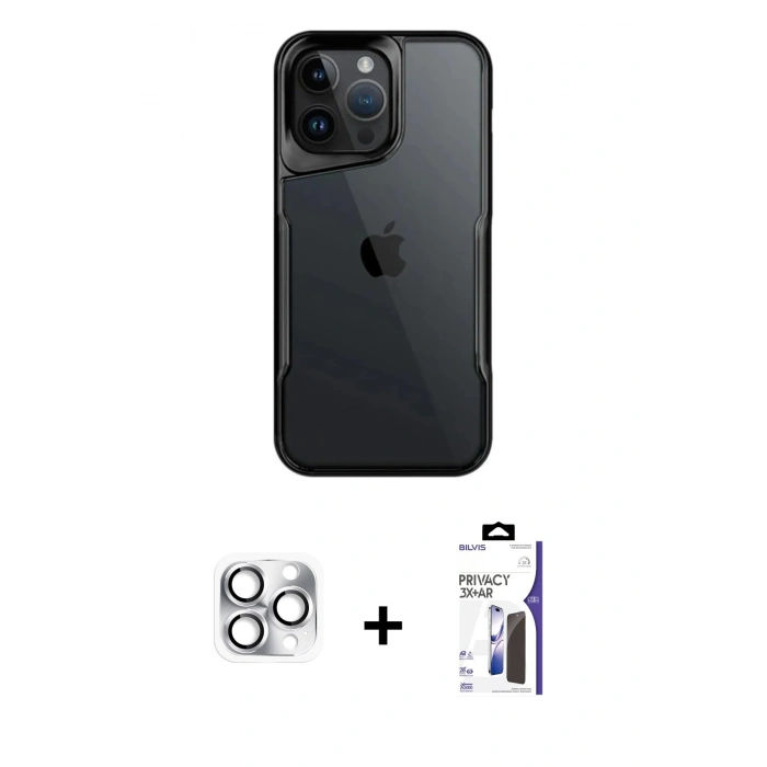 MARSİLYAN™- iPhone 16 Pro Max Kılıf Akış Çizgi Koleksiyonu - Siyah Bilvis 3X AR Hayalet Cam Ekran Koruyucu + Pers Alüminyum Kamera Lens - GS