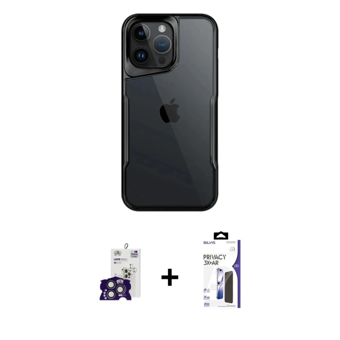 MARSİLYAN™- iPhone 16 Pro Max Kılıf Akış Çizgi Koleksiyonu - Siyah Bilvis 3X AR Hayalet Cam Ekran Koruyucu + Bilvis Titan Kamera Lens - TMGI