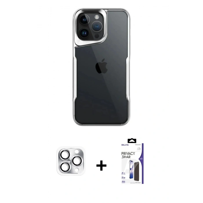 MARSİLYAN™- iPhone 16 Pro Max Kılıf Akış Çizgi Koleksiyonu - Siyah Bilvis 3X AR Hayalet Cam Ekran Koruyucu + Pers Alüminyum Kamera Lens - GS