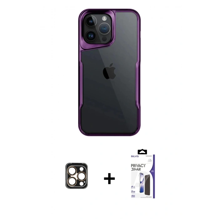 MARSİLYAN™- iPhone 16 Pro Max Kılıf Akış Çizgi Koleksiyonu - Siyah Bilvis 3X AR Hayalet Cam Ekran Koruyucu + PVD Metal Kamera Lens - GD
