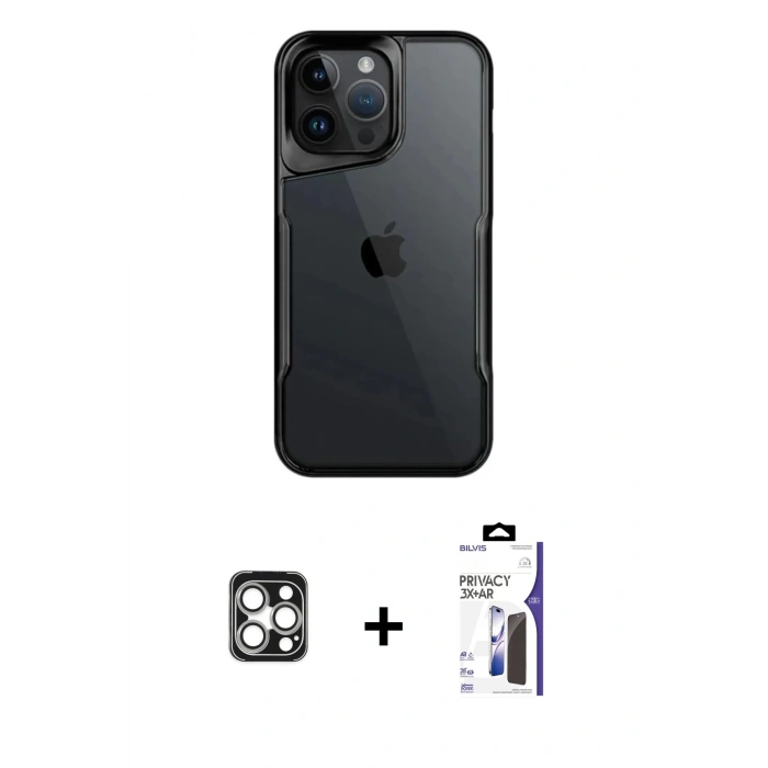 MARSİLYAN™- iPhone 16 Pro Max Kılıf Akış Çizgi Koleksiyonu - Siyah Bilvis 3X AR Hayalet Cam Ekran Koruyucu + PVD Metal Kamera Lens - GS