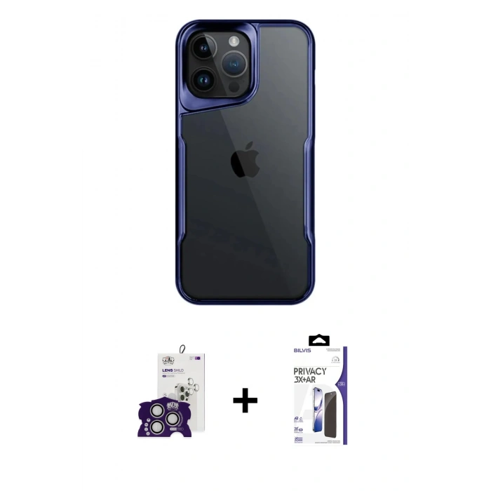 MARSİLYAN™- iPhone 16 Pro Max Kılıf Akış Çizgi Koleksiyonu - Siyah Bilvis 3X AR Hayalet Cam Ekran Koruyucu + Bilvis Titan Kamera Lens - GS