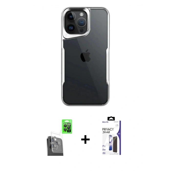 MARSİLYAN™- iPhone 16 Pro Max Kılıf Akış Çizgi Koleksiyonu - Siyah Bilvis 3X AR Hayalet Cam Ekran Koruyucu + Raze Metal Kamera Lens - SH