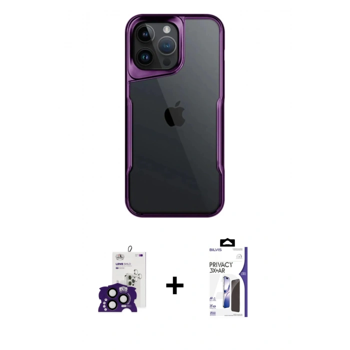 MARSİLYAN™- iPhone 16 Pro Max Kılıf Akış Çizgi Koleksiyonu - Siyah Bilvis 3X AR Hayalet Cam Ekran Koruyucu + Bilvis Titan Kamera Lens - SH