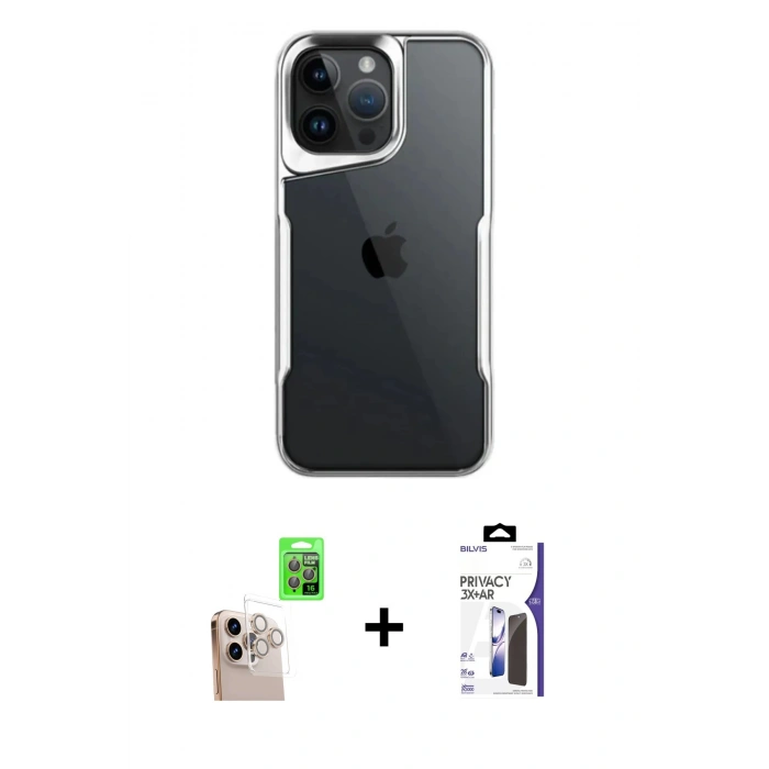 MARSİLYAN™- iPhone 16 Pro Max Kılıf Akış Çizgi Koleksiyonu - Siyah Bilvis 3X AR Hayalet Cam Ekran Koruyucu + Raze Metal Kamera Lens - NLGY