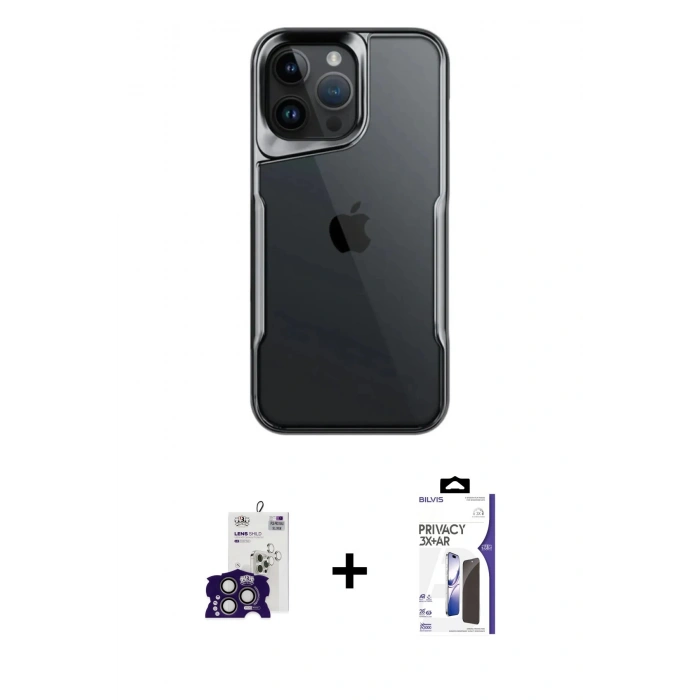MARSİLYAN™- iPhone 16 Pro Max Kılıf Akış Çizgi Koleksiyonu - Siyah Bilvis 3X AR Hayalet Cam Ekran Koruyucu + Bilvis Titan Kamera Lens - TMGI