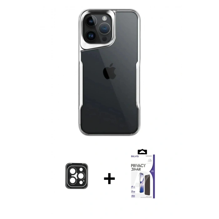 MARSİLYAN™- iPhone 16 Pro Max Kılıf Akış Çizgi Koleksiyonu - Siyah Bilvis 3X AR Hayalet Cam Ekran Koruyucu + PVD Metal Kamera Lens - SH