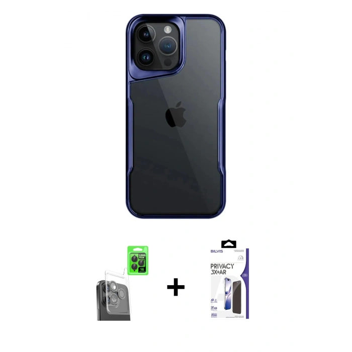 MARSİLYAN™- iPhone 16 Pro Max Kılıf Akış Çizgi Koleksiyonu - Siyah Bilvis 3X AR Hayalet Cam Ekran Koruyucu + Raze Metal Kamera Lens - SH
