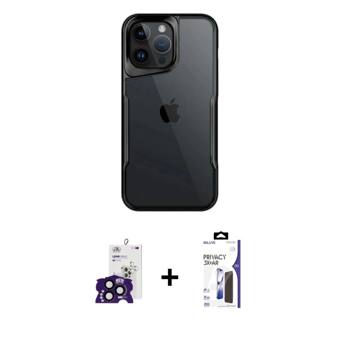 MARSİLYAN™- iPhone 16 Pro Max Kılıf Akış Çizgi Koleksiyonu - Siyah Bilvis 3X AR Hayalet Cam Ekran Koruyucu + Bilvis Titan Kamera Lens - SH