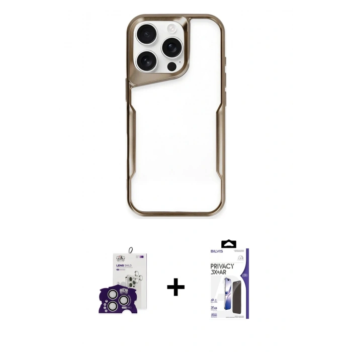 MARSİLYAN™- iPhone 16 Pro Max Kılıf Akış Çizgi Koleksiyonu - Siyah Bilvis 3X AR Hayalet Cam Ekran Koruyucu + Bilvis Titan Kamera Lens - GS