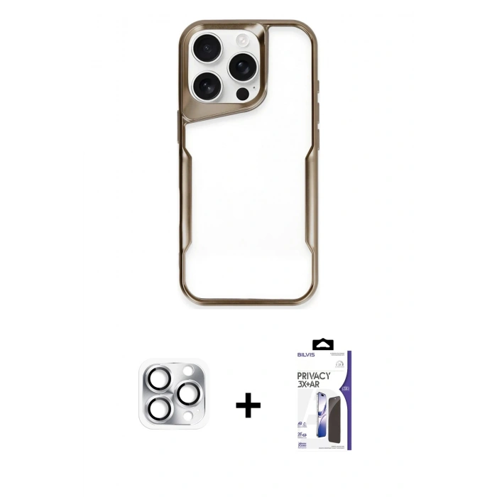 MARSİLYAN™- iPhone 16 Pro Max Kılıf Akış Çizgi Koleksiyonu - Siyah Bilvis 3X AR Hayalet Cam Ekran Koruyucu + Pers Alüminyum Kamera Lens - GS