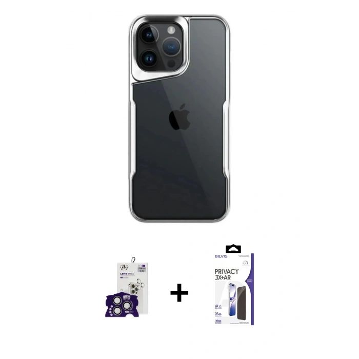 MARSİLYAN™- iPhone 16 Pro Max Kılıf Akış Çizgi Koleksiyonu - Siyah Bilvis 3X AR Hayalet Cam Ekran Koruyucu + Bilvis Titan Kamera Lens - TMGI