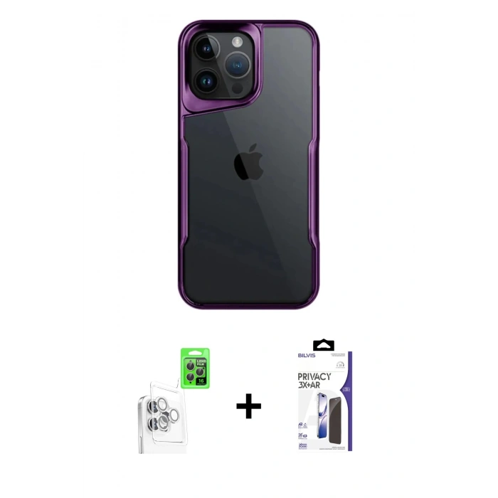 MARSİLYAN™- iPhone 16 Pro Max Kılıf Akış Çizgi Koleksiyonu - Siyah Bilvis 3X AR Hayalet Cam Ekran Koruyucu + Raze Metal Kamera Lens - BZ