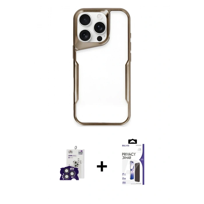 MARSİLYAN™- iPhone 16 Pro Max Kılıf Akış Çizgi Koleksiyonu - Siyah Bilvis 3X AR Hayalet Cam Ekran Koruyucu + Bilvis Titan Kamera Lens - TMGI