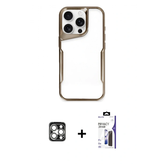 MARSİLYAN™- iPhone 16 Pro Max Kılıf Akış Çizgi Koleksiyonu - Siyah Bilvis 3X AR Hayalet Cam Ekran Koruyucu + PVD Metal Kamera Lens - GS