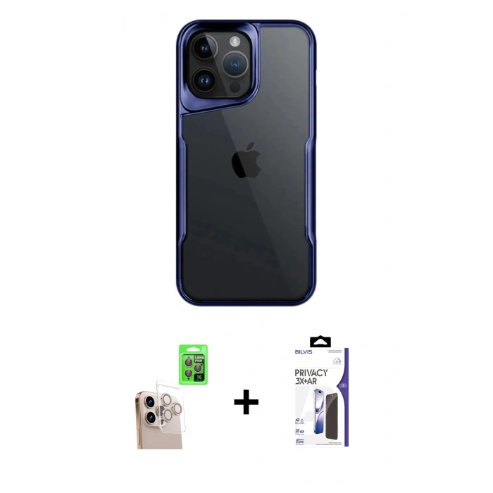 MARSİLYAN™- iPhone 16 Pro Max Kılıf Akış Çizgi Koleksiyonu - Siyah Bilvis 3X AR Hayalet Cam Ekran Koruyucu + Raze Metal Kamera Lens - NLGY