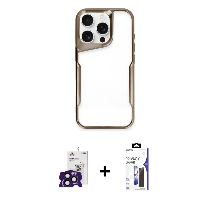 MARSİLYAN™- iPhone 16 Pro Max Kılıf Akış Çizgi Koleksiyonu - Siyah Bilvis 3X AR Hayalet Cam Ekran Koruyucu + Bilvis Titan Kamera Lens - SH