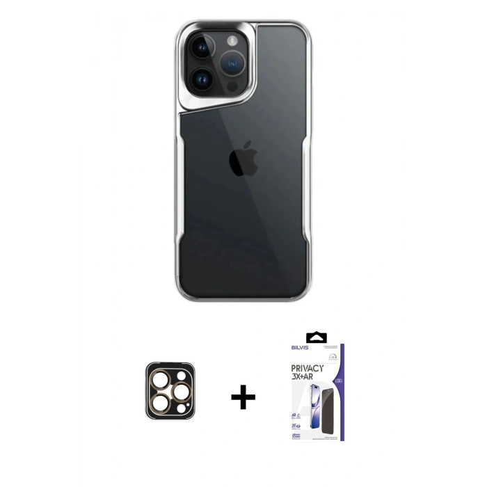 MARSİLYAN™- iPhone 16 Pro Max Kılıf Akış Çizgi Koleksiyonu - Siyah Bilvis 3X AR Hayalet Cam Ekran Koruyucu + PVD Metal Kamera Lens - GD