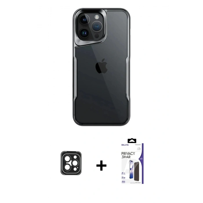 MARSİLYAN™- iPhone 16 Pro Max Kılıf Akış Çizgi Koleksiyonu - Siyah Bilvis 3X AR Hayalet Cam Ekran Koruyucu + PVD Metal Kamera Lens - SH