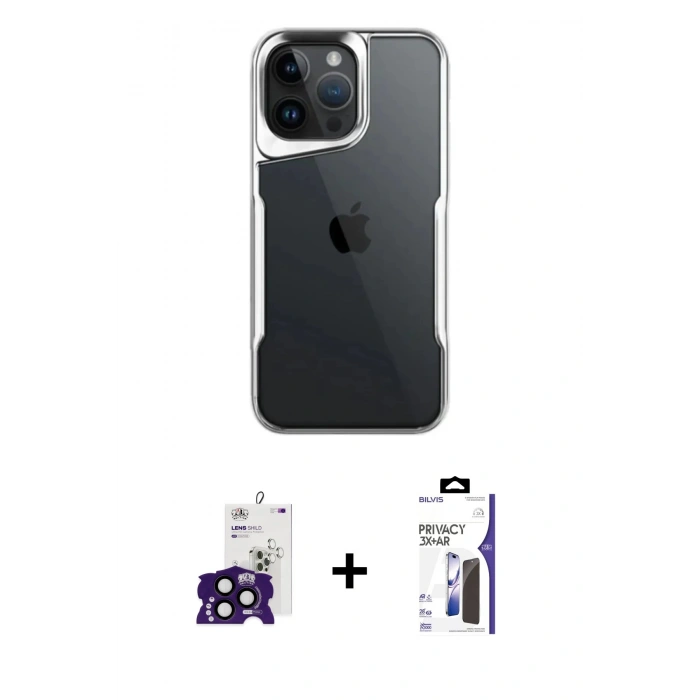 MARSİLYAN™- iPhone 16 Pro Max Kılıf Akış Çizgi Koleksiyonu - Siyah Bilvis 3X AR Hayalet Cam Ekran Koruyucu + Bilvis Titan Kamera Lens - SH