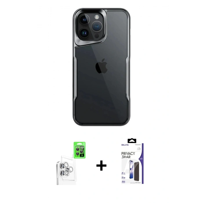 MARSİLYAN™- iPhone 16 Pro Max Kılıf Akış Çizgi Koleksiyonu - Siyah Bilvis 3X AR Hayalet Cam Ekran Koruyucu + Raze Metal Kamera Lens - BZ