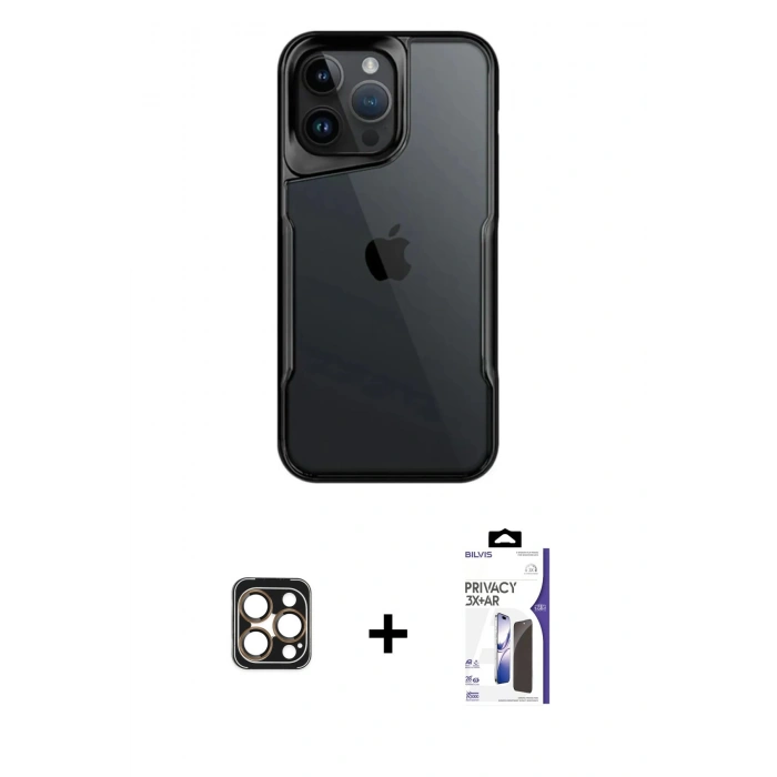 MARSİLYAN™- iPhone 16 Pro Max Kılıf Akış Çizgi Koleksiyonu - Siyah Bilvis 3X AR Hayalet Cam Ekran Koruyucu + PVD Metal Kamera Lens - GD
