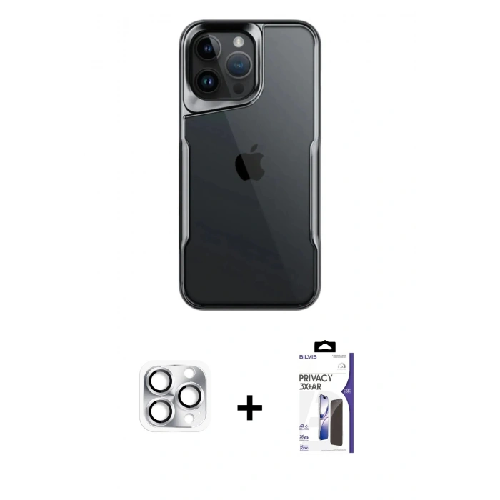 MARSİLYAN™- iPhone 16 Pro Max Kılıf Akış Çizgi Koleksiyonu - Siyah Bilvis 3X AR Hayalet Cam Ekran Koruyucu + Pers Alüminyum Kamera Lens - GS