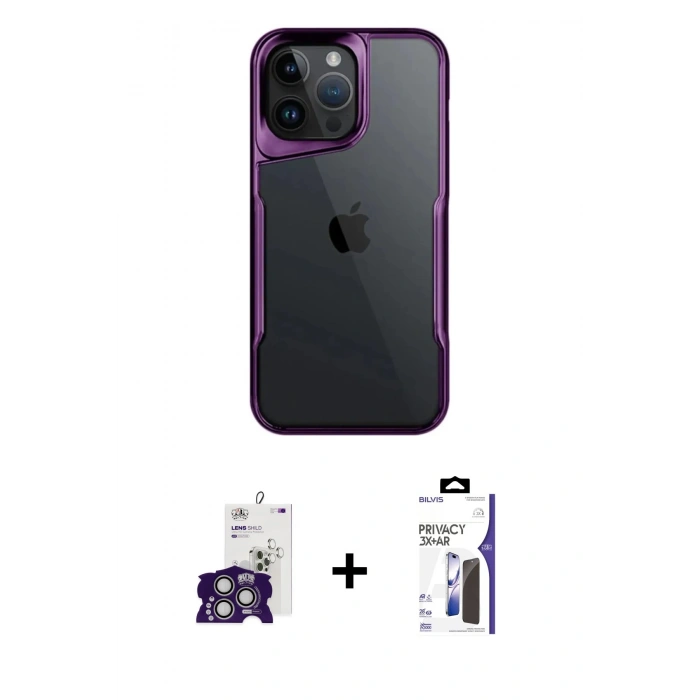 MARSİLYAN™- iPhone 16 Pro Max Kılıf Akış Çizgi Koleksiyonu - Siyah Bilvis 3X AR Hayalet Cam Ekran Koruyucu + Bilvis Titan Kamera Lens - GS