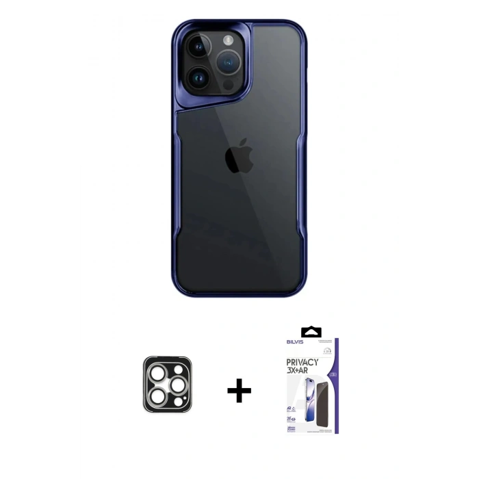 MARSİLYAN™- iPhone 16 Pro Max Kılıf Akış Çizgi Koleksiyonu - Siyah Bilvis 3X AR Hayalet Cam Ekran Koruyucu + PVD Metal Kamera Lens - GS