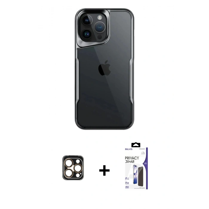 MARSİLYAN™- iPhone 16 Pro Max Kılıf Akış Çizgi Koleksiyonu - Siyah Bilvis 3X AR Hayalet Cam Ekran Koruyucu + PVD Metal Kamera Lens - GD